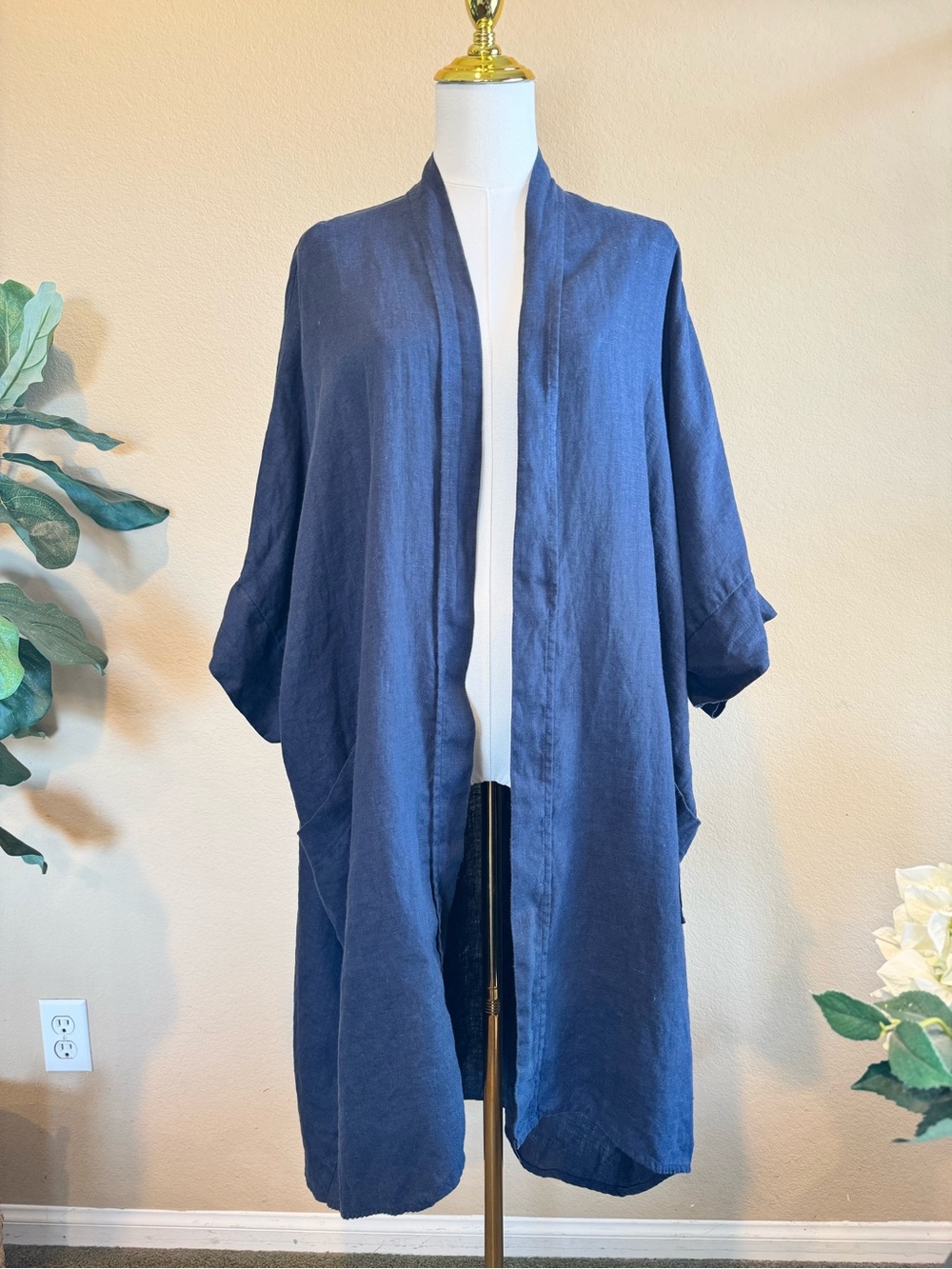 LinenFairyTales 100% Linen Navy Kimono Robe Cardigan Jacket Open Front – 2XL/3XL